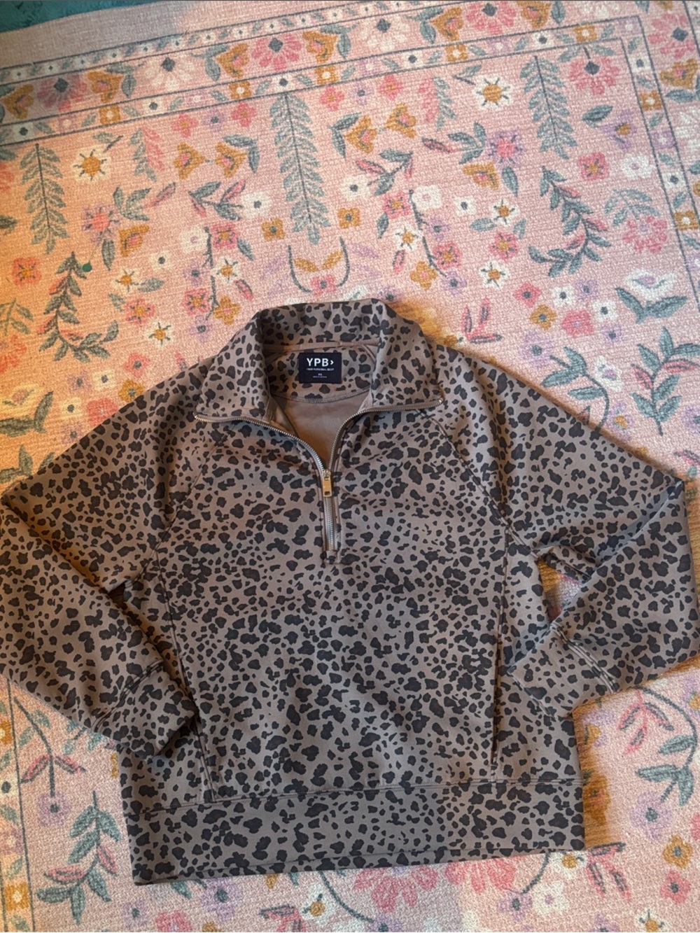 YPB Leopard Print Quarter-Zip Pullover Sweatshirt - Taupe/Black